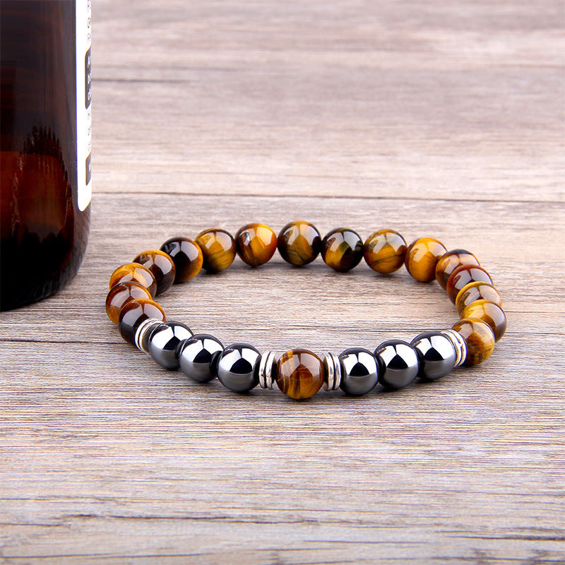 Yellow Tiger Eye and Obsidian Elastic Bracelet for Men and Women