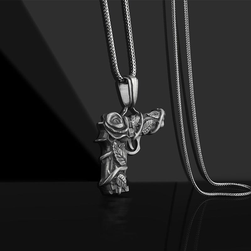Men's Bold Gun and Rose Pendant Necklace in Titanium Steel - 1