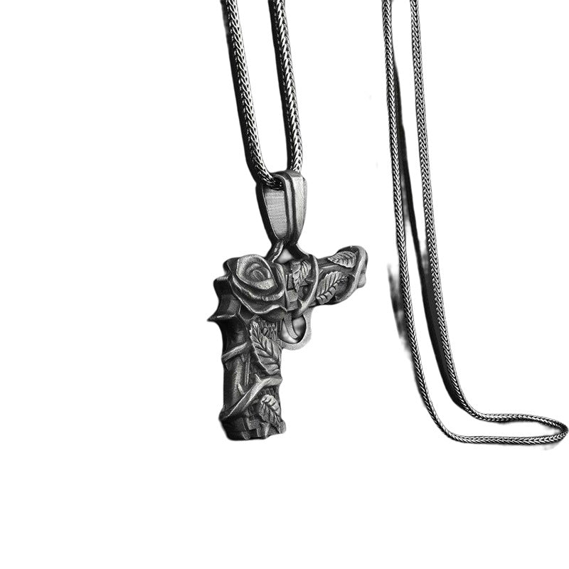 Men's Bold Gun and Rose Pendant Necklace in Titanium Steel