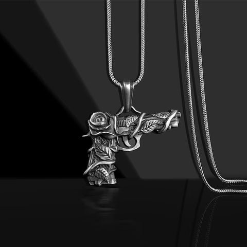 Men's Bold Gun and Rose Pendant Necklace in Titanium Steel