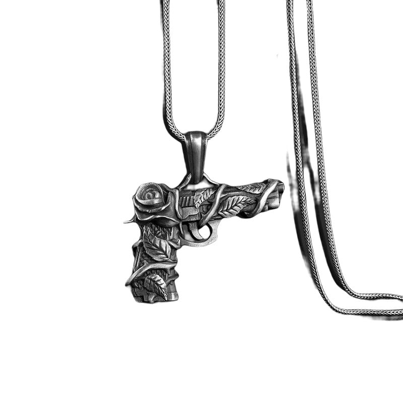Men's Bold Gun and Rose Pendant Necklace in Titanium Steel