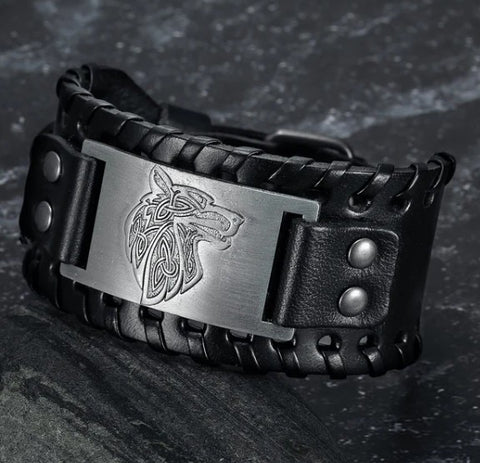 Asgard Leather Buckle Arm Cuff with Fenrir Design
