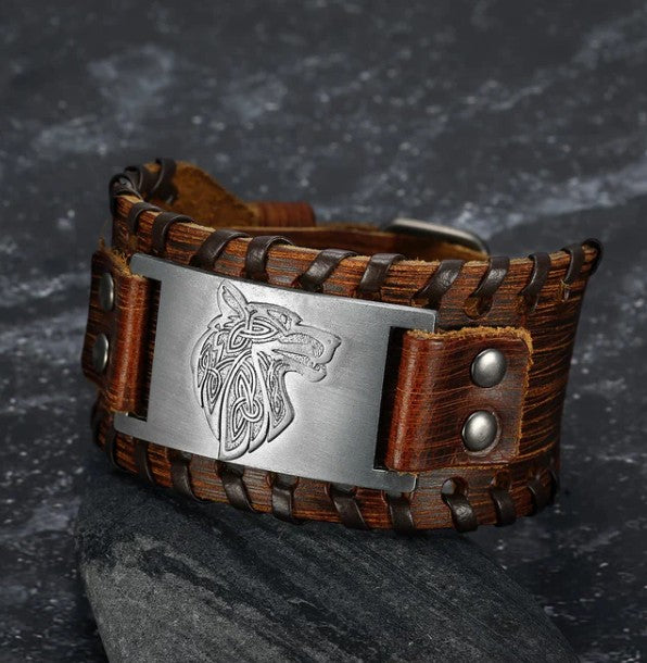 Asgard Leather Buckle Arm Cuff with Fenrir Design - 3