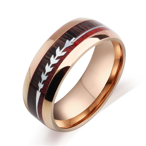 Men's Stainless Steel Ring with Wood Grain Arrow Inlay