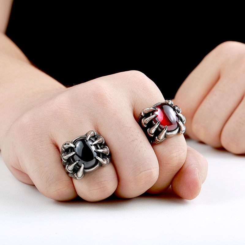 Men's Stainless Steel Ring with Red Inlaid Stone Bold Design