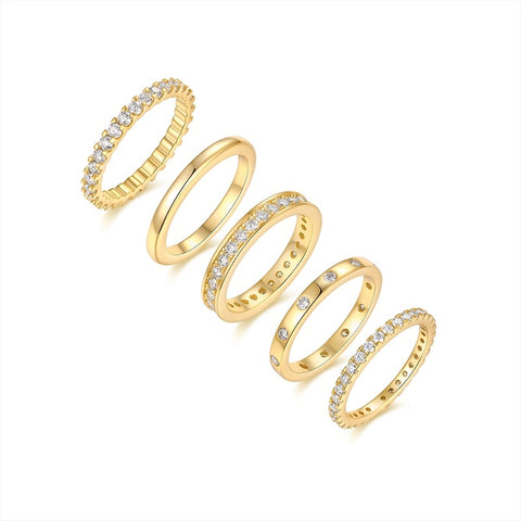 1Golden Stars S925 Sterling Silver Moissanite Ring Set Modern Elegant Gold-Plated Stackable Rings