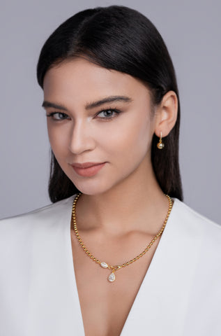 S925 Sterling Silver Moissanite Pendant Necklace with Gold-Plated Beaded Chain