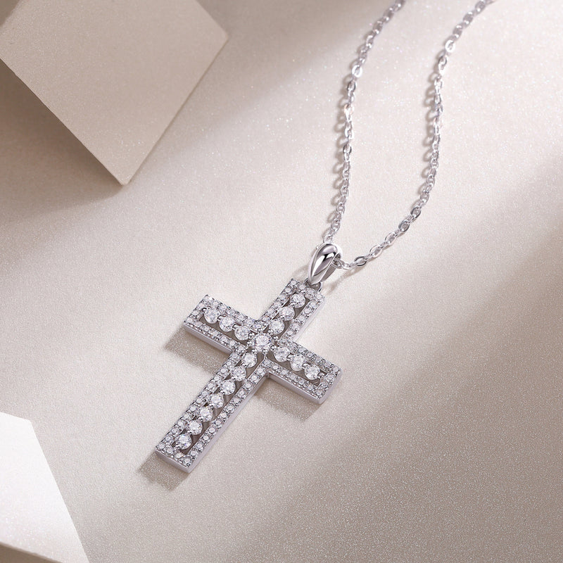S925 Sterling Silver Cross Pendant Necklace with Moissanite Accent - 6