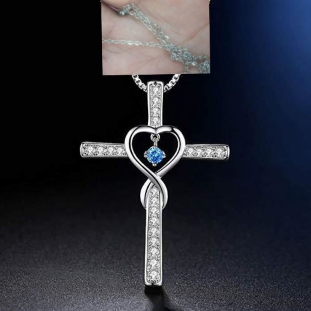 Gold Plated Christian Cross Pendant Necklace with Birthstone Crystal