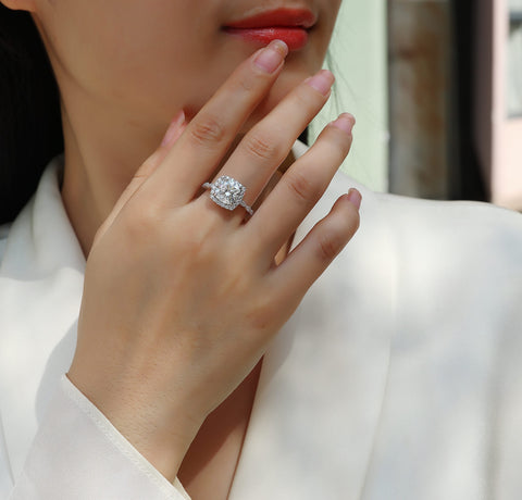Square Cushion Moissanite Ring in S925 Sterling Silver with Platinum Plating