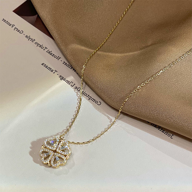 Magnetic Folding Four Leaf Clover Heart Pendant Necklace for Women