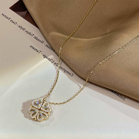 Magnetic Folding Four Leaf Clover Heart Pendant Necklace for Women