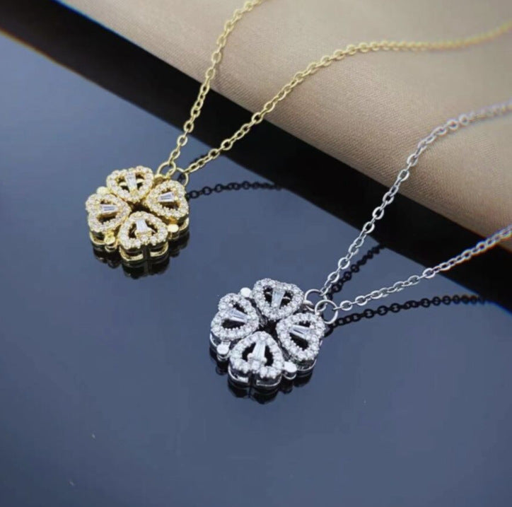 Magnetic Folding Four Leaf Clover Heart Pendant Necklace for Women