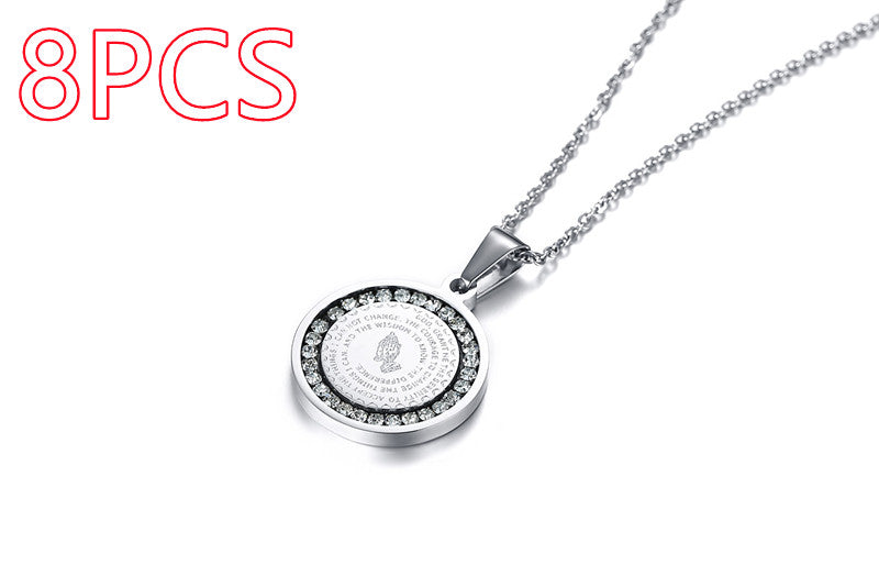 Stainless Steel Rhinestone Prayer Pendant Necklace