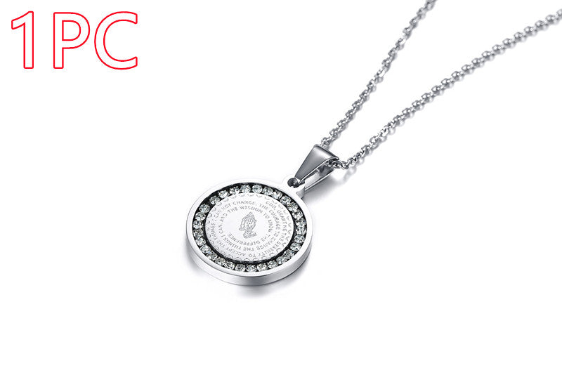 Stainless Steel Rhinestone Prayer Pendant Necklace