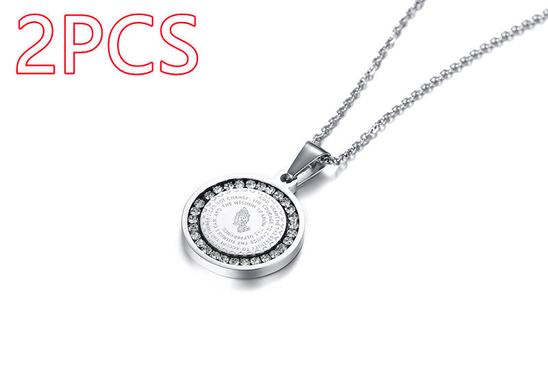 Stainless Steel Rhinestone Prayer Pendant Necklace