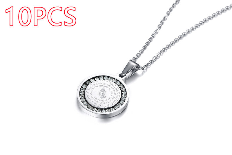 Stainless Steel Rhinestone Prayer Pendant Necklace - 6
