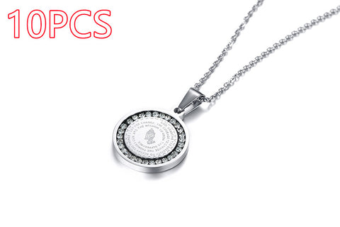 Stainless Steel Rhinestone Prayer Pendant Necklace