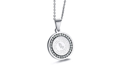 Stainless Steel Rhinestone Prayer Pendant Necklace
