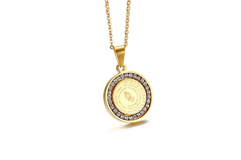 Stainless Steel Rhinestone Prayer Pendant Necklace