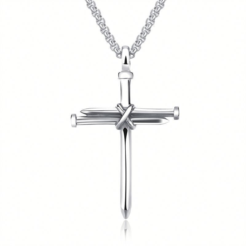 Bold Stainless Steel Mens Iron Nail Cross Pendant Necklace with 3mm Box Chain
