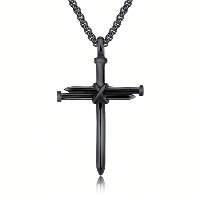 Bold Stainless Steel Mens Iron Nail Cross Pendant Necklace with 3mm Box Chain - 2