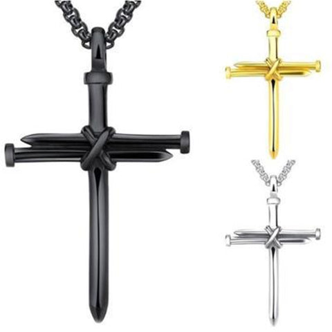 Bold Stainless Steel Mens Iron Nail Cross Pendant Necklace with 3mm Box Chain
