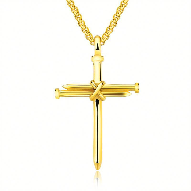 Bold Stainless Steel Mens Iron Nail Cross Pendant Necklace with 3mm Box Chain - 4