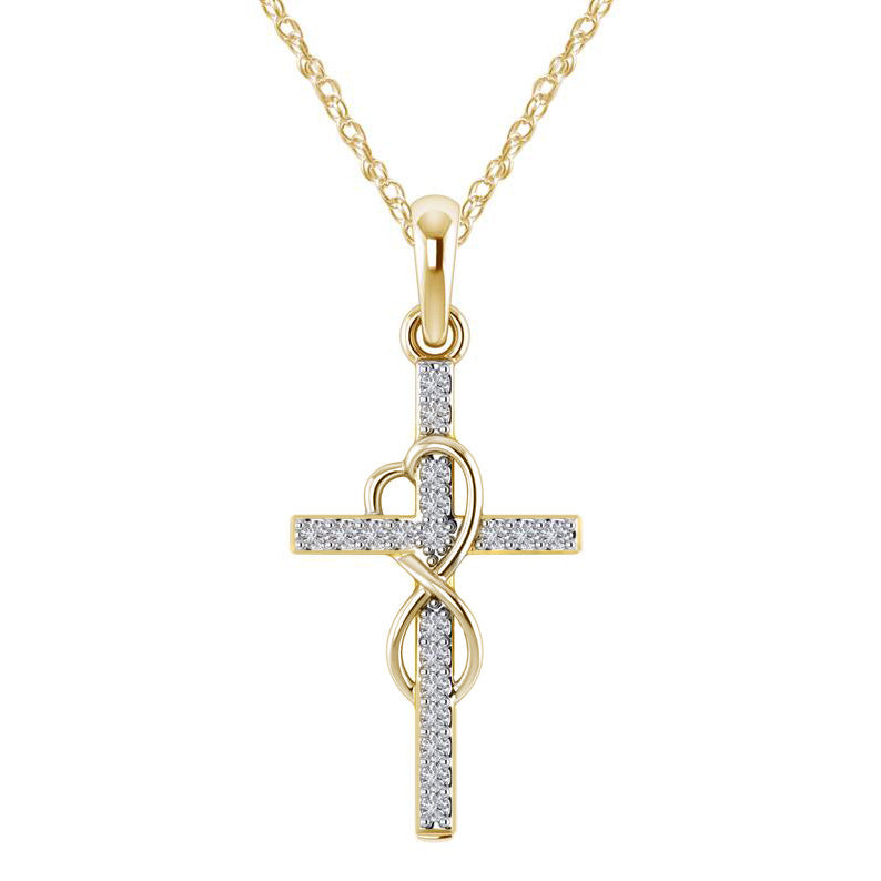 Gold Alloy Cross Necklace with Diamond Accent and Eight-character Design
