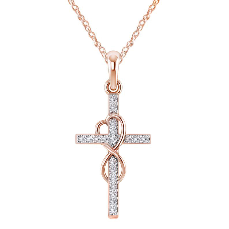 Gold Alloy Cross Necklace with Diamond Accent and Eight-character Design