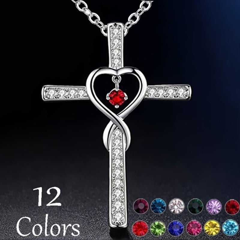 Gold Plated Christian Cross Pendant Necklace with Birthstone Crystal