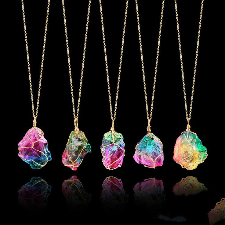 Seven-Color Natural Stone Rough Crystal Pendant Necklace