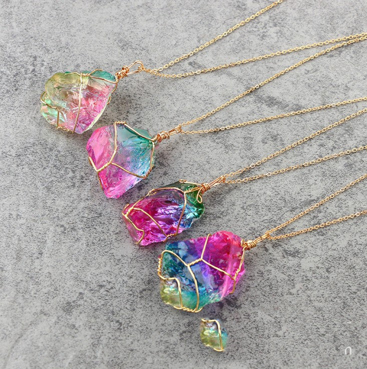 Seven-Color Natural Stone Rough Crystal Pendant Necklace