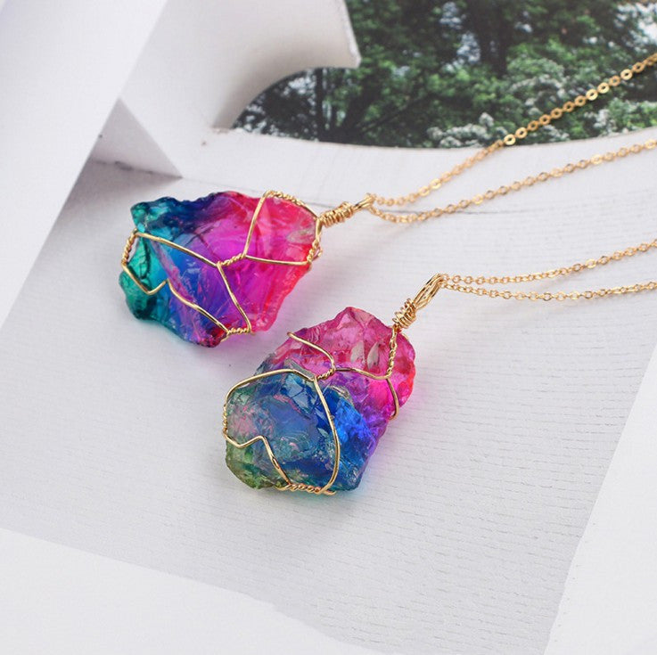 Seven-Color Natural Stone Rough Crystal Pendant Necklace
