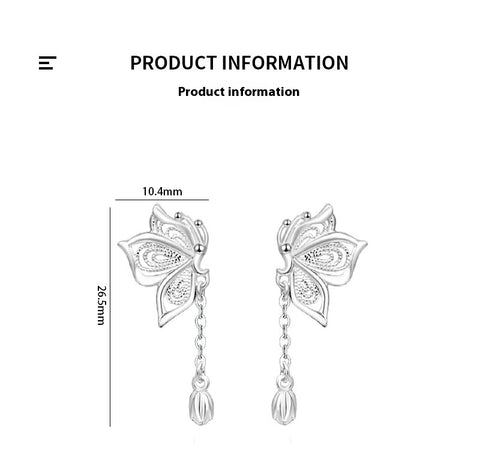 Sterling Silver Butterfly Tassel Earrings for Women