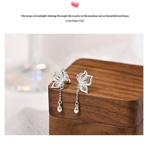 Sterling Silver Butterfly Tassel Earrings for Women