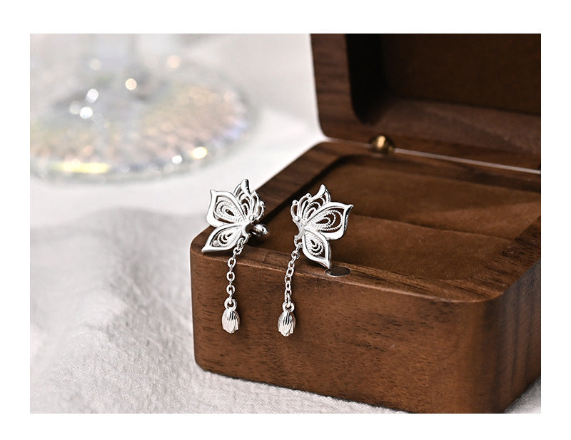 Sterling Silver Butterfly Tassel Earrings for Women