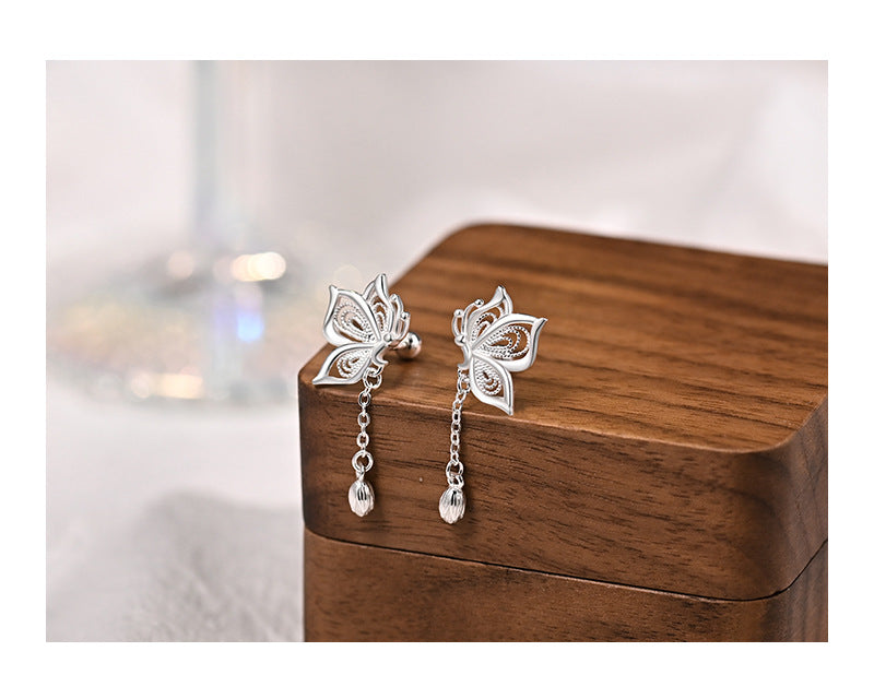 Sterling Silver Butterfly Tassel Earrings for Women