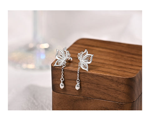 Sterling Silver Butterfly Tassel Earrings for Women