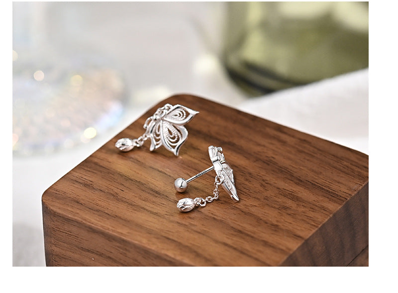 Sterling Silver Butterfly Tassel Earrings for Women