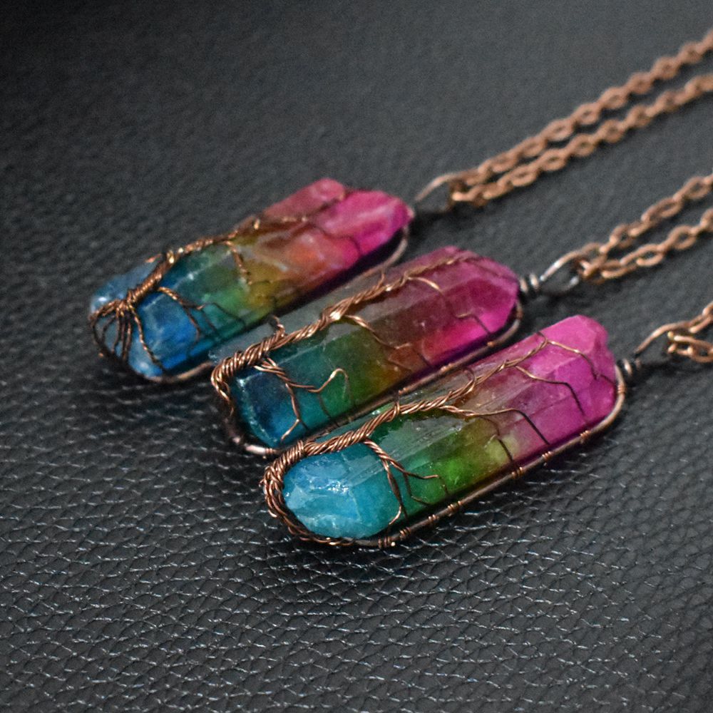 Rainbow Crystal Pillar Tree of Life Pendant Necklace