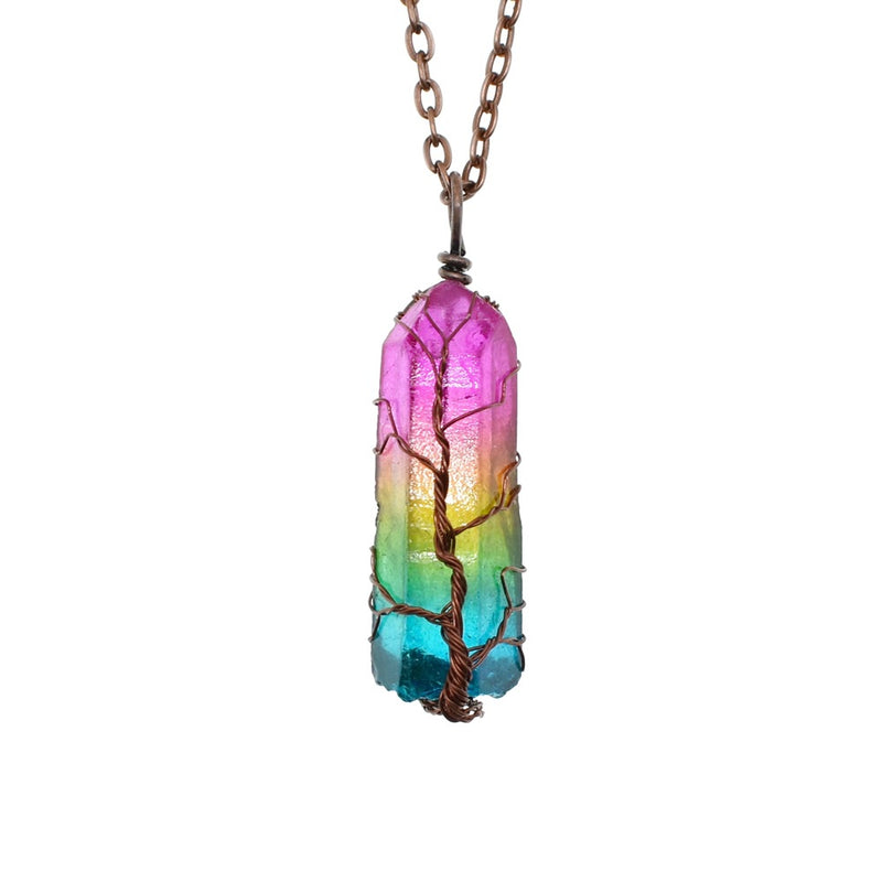 Rainbow Crystal Pillar Tree of Life Pendant Necklace - 3