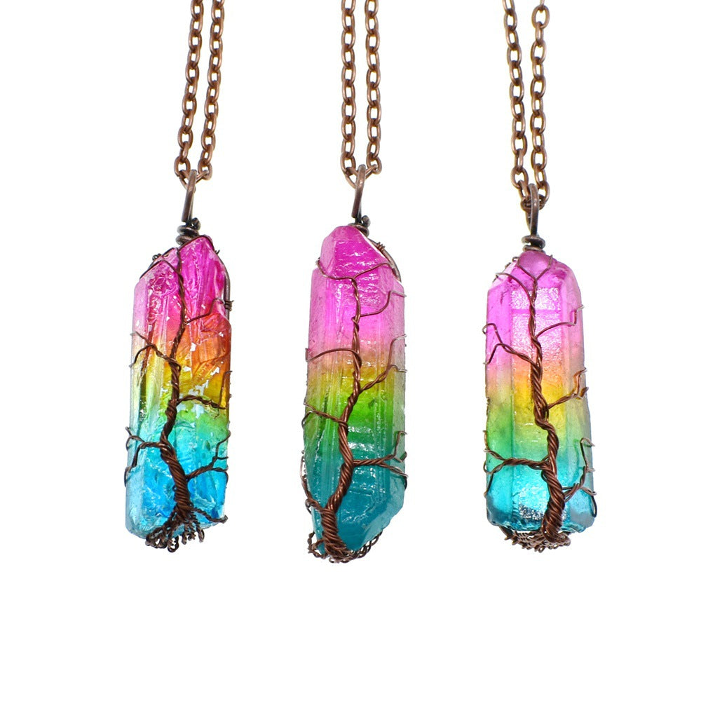 Rainbow Crystal Pillar Tree of Life Pendant Necklace