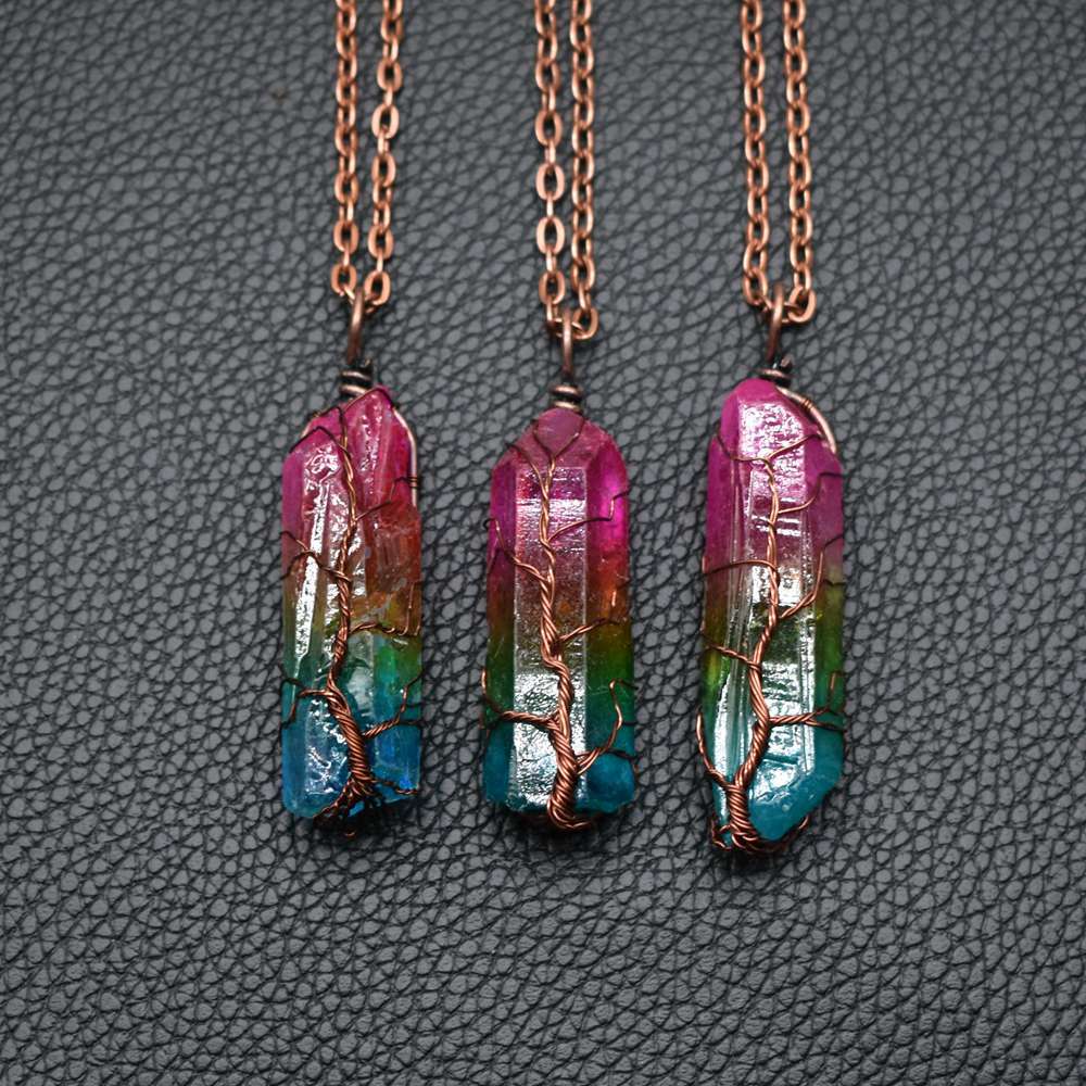 Rainbow Crystal Pillar Tree of Life Pendant Necklace