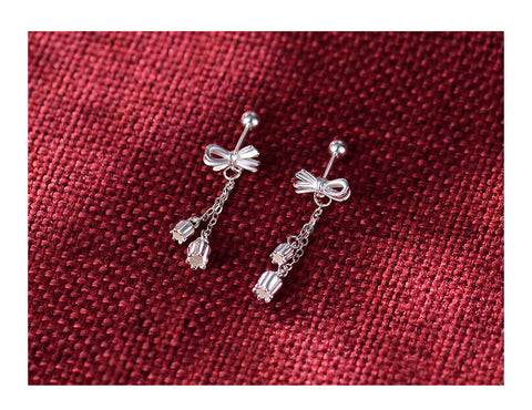 Sterling Silver Bow Tassel Drop Earrings for Women