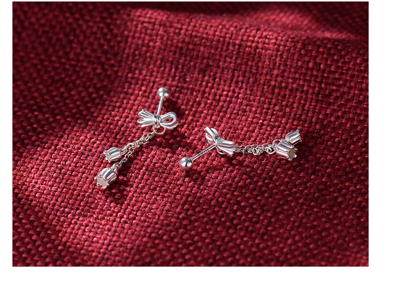 Sterling Silver Bow Tassel Drop Earrings for Women