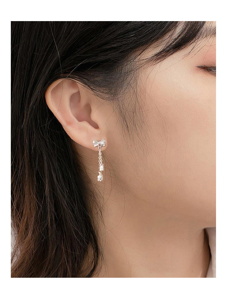 Sterling Silver Bow Tassel Drop Earrings for Women