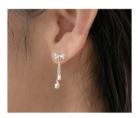 Sterling Silver Bow Tassel Drop Earrings for Women