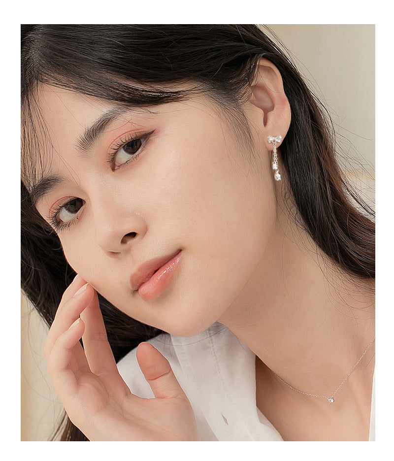 Sterling Silver Bow Tassel Drop Earrings for Women