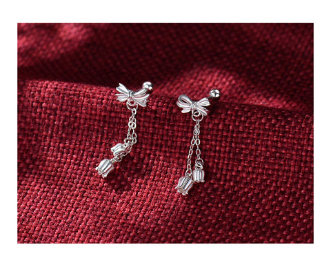 Sterling Silver Bow Tassel Drop Earrings for Women